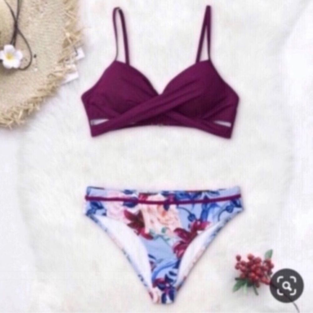 Cupshe Plum and Floral Wrap Bikini NEW